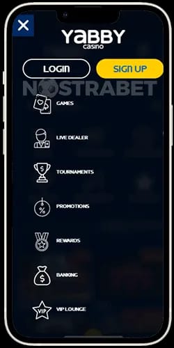 Menu mobile Yabby Casino per iOS